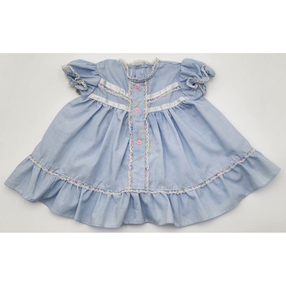 Vintage Baby Girl Blue Dress Ruffle Pastel Lace Trimmed Floral Cottagecore 9M - Picture 1 of 5